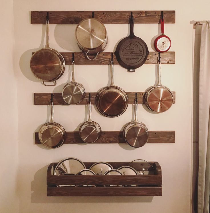 pots and pans are hanging on the wall