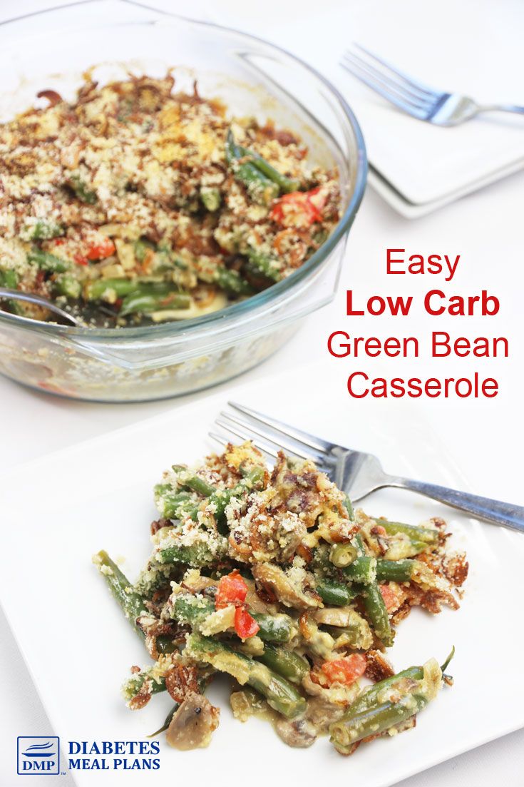 easy low carb green bean casserole recipe on a white plate with silverware