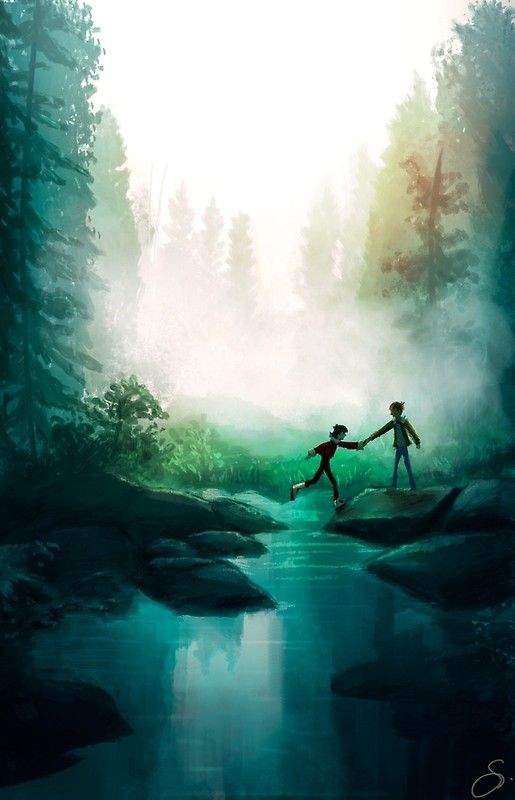 two people holding hands crossing a river in front of some trees and foggy sky