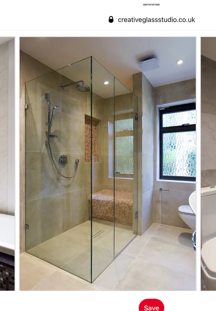 three different views of a bathroom with glass walls