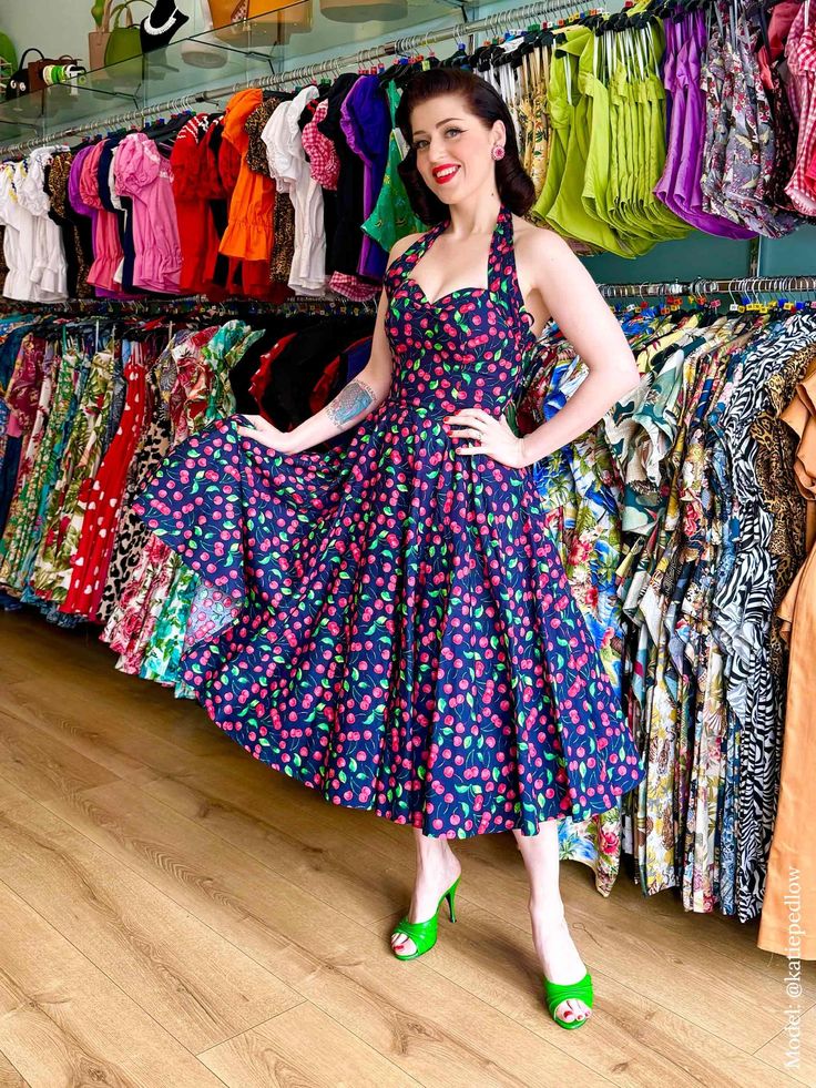 1950s Halterneck Circle Dress Cherry Navy Rock N Roll Dress, Classic Dresses, Dresses 1950s, Summer Picnics, Yellow Gifts, Boned Bodice, Cherry Dress, Circle Dress, Full Circle Skirt