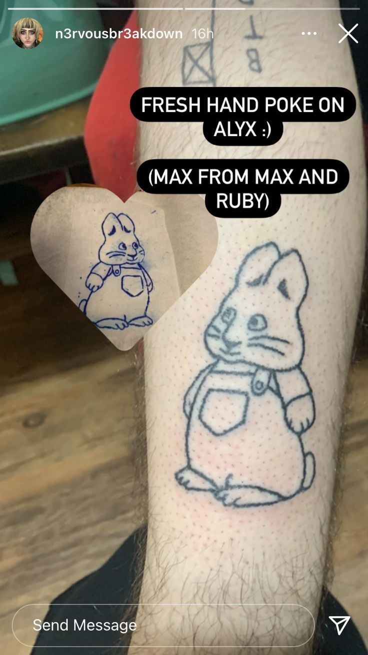 a person with a tattoo on their arm that says fresh hand poke on ajax max from max and ruby