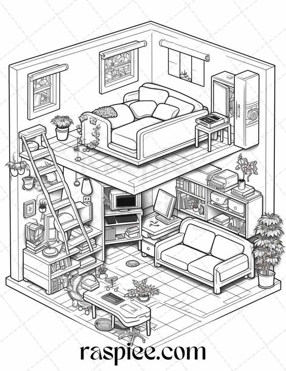 a black and white drawing of a living room with stairs to the second floor, couches on either side