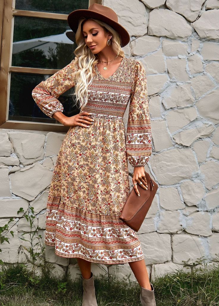 F00198562-102 Brown V-neck Boho Dress For Fall, Fall V-neck Sundress Midi Dress, Chic Beige Boho V-neck Dress, Chic Beige V-neck Boho Dress, Bohemian V-neck Midi Dress For Fall, Spring V-neck Boho Print Dress, Elegant Beige Boho Dress With V-neck, Elegant Boho Dress With V-neck And Boho Print, Elegant V-neck Boho Dress With Boho Print