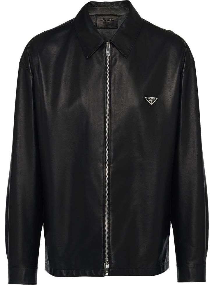 black polished finish logo plaque classic collar long sleeves front zip fastening Blouson Jacket, Black Polish, Mens Outerwear, Nappa Leather, Outerwear Jackets, Adidas Jacket, Prada, Leather Jacket, Athletic Jacket