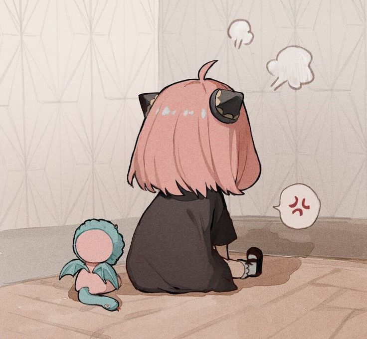 a person sitting on the floor with a stuffed animal next to them and an empty thought bubble in the background