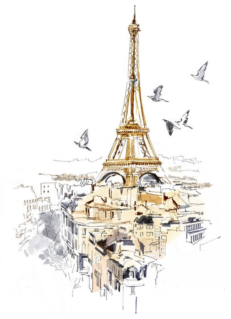 a drawing of the eiffel tower in paris with birds flying over it and buildings