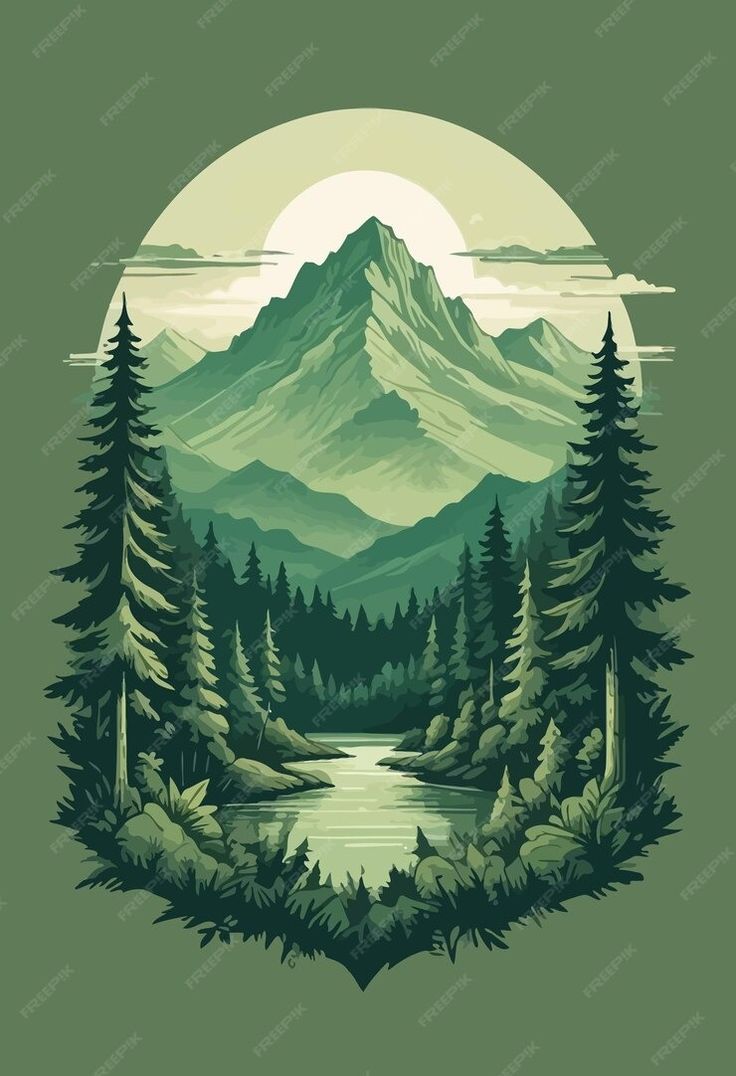 the mountains and trees are depicted in this t - shirt design, which is designed to look