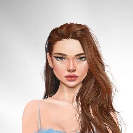 a digital painting of a woman with long brown hair wearing a blue dress and posing for the camera