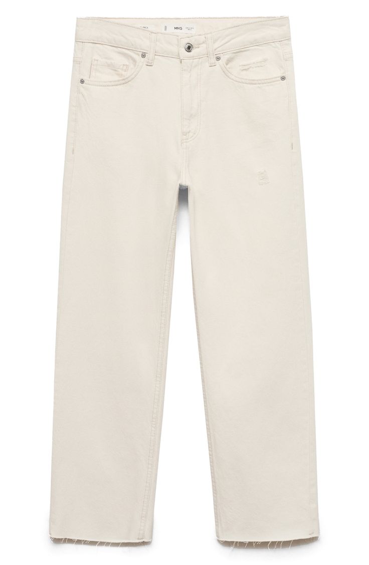 Cast in a crisp off-white wash, these nonstretch jeans are effortlessly cool with a mid-rise waist, slim-cut straight legs and raw-cropped hems. Zip fly with button closure Five-pocket style 100% cotton Machine wash, line dry Imported Casual Cream Cropped Jeans, Casual Cream Cropped Leg Jeans, White Cropped Jeans With Five Pockets And Straight Hem, Casual Neutral Jeans With Five Pockets, Beige Straight Leg Jeans With Frayed Hem, Casual Off White Straight Leg Jeans, Summer Cream Jeans With Five Pockets, Spring Neutral Straight Leg Jeans, Spring Straight Leg Neutral Jeans