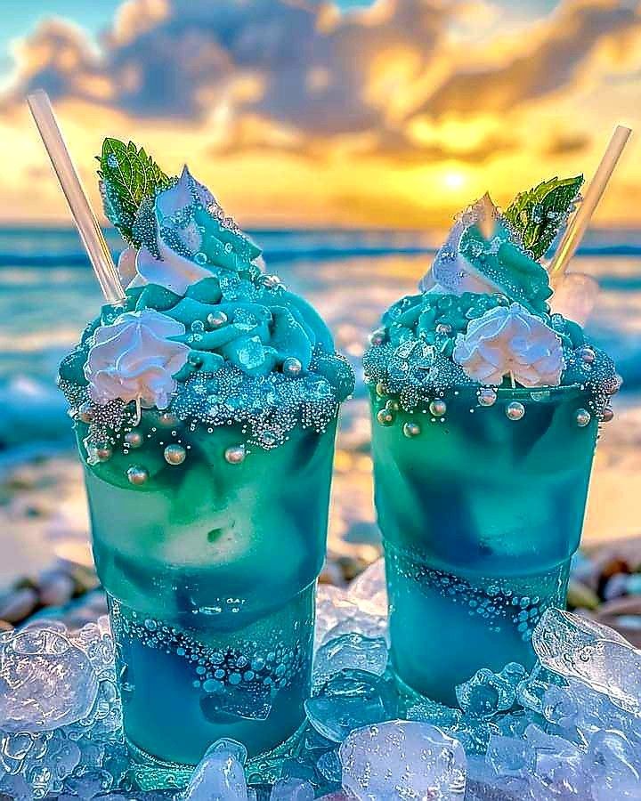 two blue drinks sitting on top of ice next to the ocean with green and white flowers