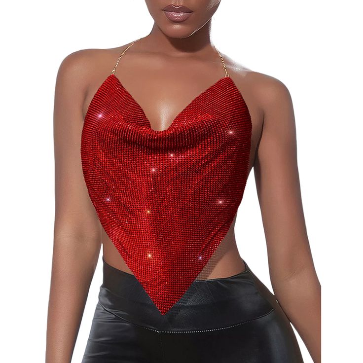 Red Sequined Metal Chains Halter Camisoles Red Tank Top For Summer Parties, Red Camisole Top For Night Out, Red Spaghetti Strap Top For Night Out, Party Halter Neck Crop Top Vest, Red Fitted Tank Top For Party, Red Sleeveless Camisole For Party, Red Cami Top For Party, Chic Red Halter Top For Party, Party Halter Neck Vest Top