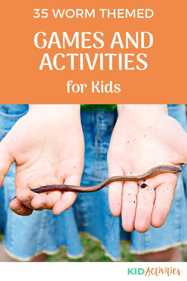 two hands holding a snake with the words 35 worm themed games and activities for kids