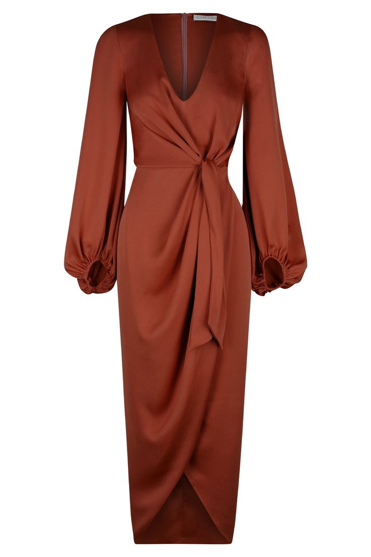 Shona Joy Women's Brown Dress Shona Joy Brown Luxe Tie Front Balloon Sleeve Midi Dress Sangria Tie front balloon sleeve cocktail dress in a light weight recycled polyester with a smooth, lustrous finish. Recycled polyester gives a second life to materials that would otherwise end up in landfill or the ocean, and production of recycled polyester also generates less energy and fewer CO2 emissions which helps promote our commitment towards becoming a more responsible and circular brand. Shona Joy L Dana Dress, Sangria Dress, Party Dress Classy, Shona Joy, Dress Classy, Mode Hijab, Midi Dress With Sleeves, Brown Dress, Cocktail Hour