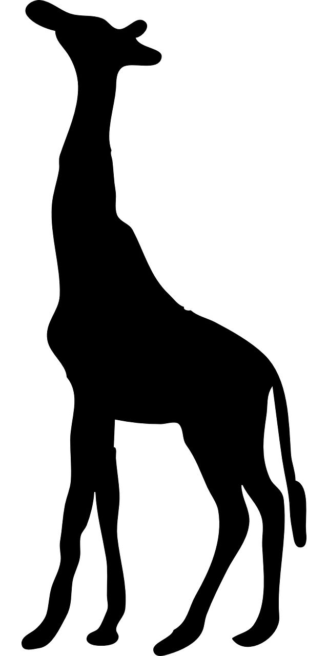 a blue silhouette of a giraffe standing up against a white background with the words,