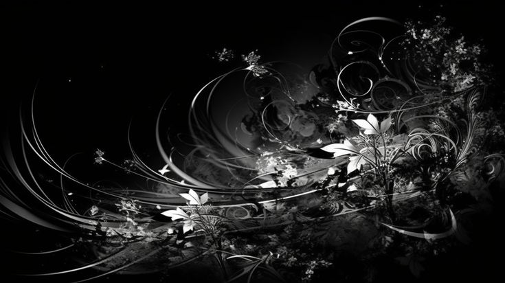 an artistic black and white photo with flowers in the middle, on a dark background