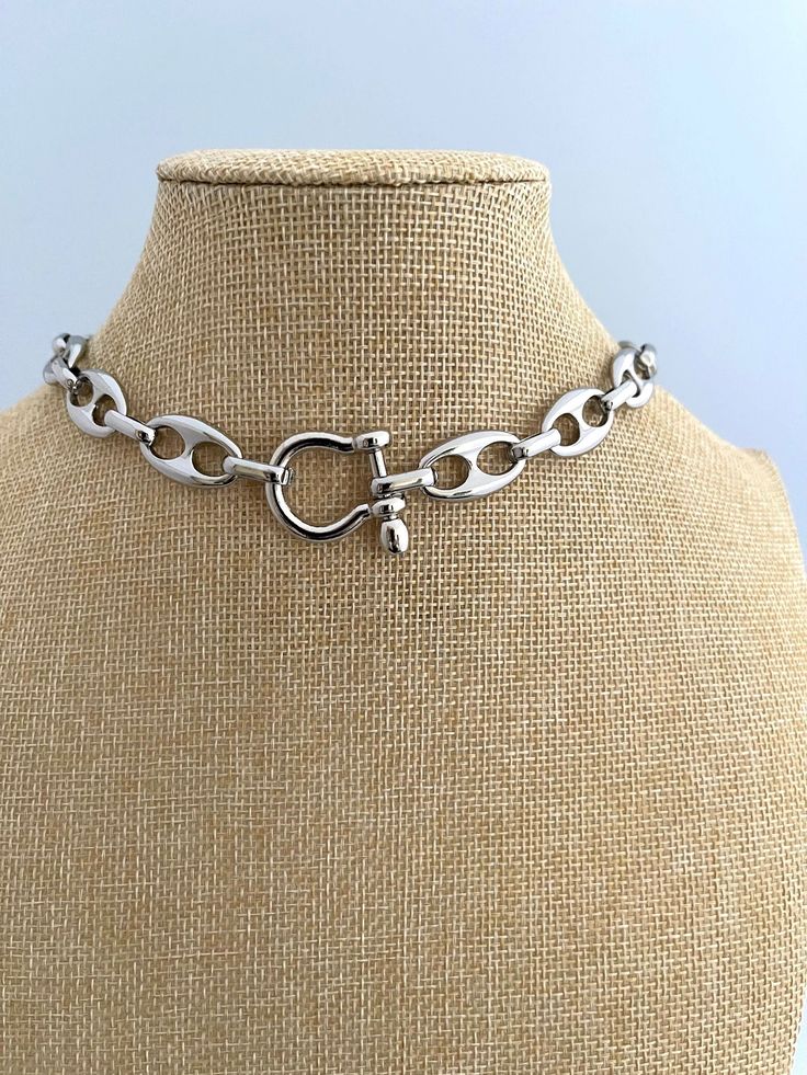 Silver Chunky Large Link Chain Necklace-Shackle Clasp-Puffed Link Chain-Choker Chain Necklace-Choker Chain-Rhodium Plated The Anchor, Plate Necklace, Chain Choker Necklace, Cute Necklace, Stunning Necklace, Keep Jewelry, Silver Chain Necklace, Chain Choker, Chain Link Necklace