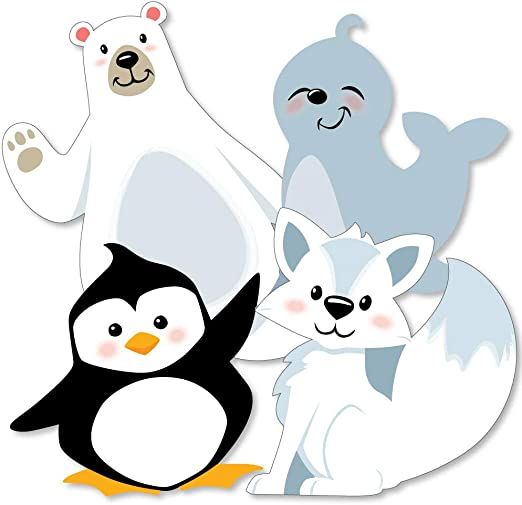 three polar bears, one penguin and an arctic bear