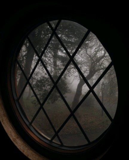 a round window with trees in the background