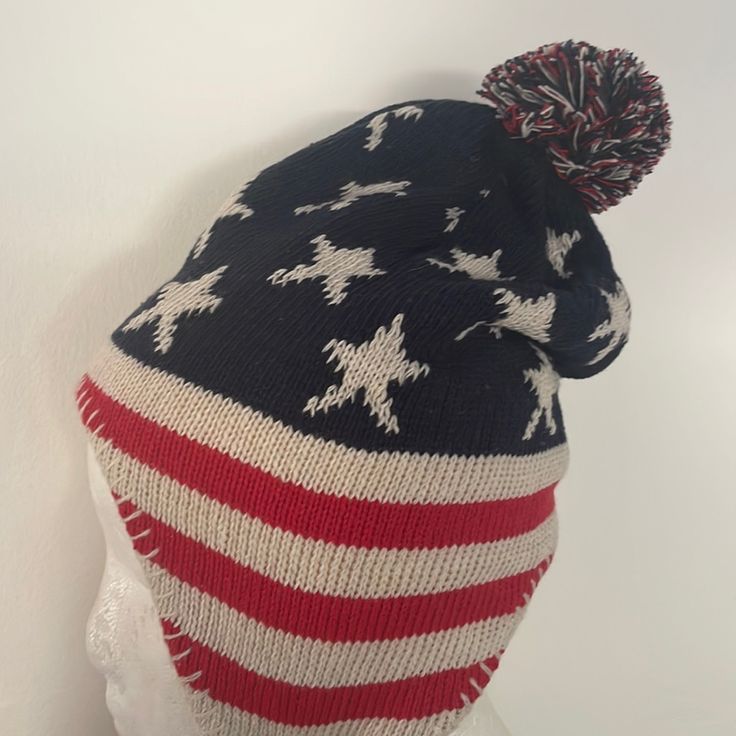 Super Cute Red White And Blue Hat. Nwt White Cotton Hats For Cold Weather, Casual Red Beanie One Size, Red Cotton Knitted Hats, Red Knitted Cotton Hat, Red Patriotic Hat, One Size Fits Most, Red Knit Hat One Size, Casual White Brimmed Beanie, Red Knit One-size Hat, Cotton Beanie Hat One Size