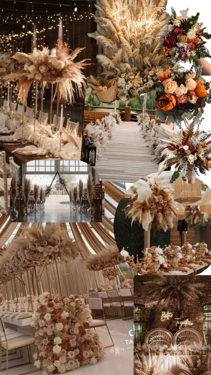 a collage of different types of wedding decorations and flowers in gold, orange, white and brown colors