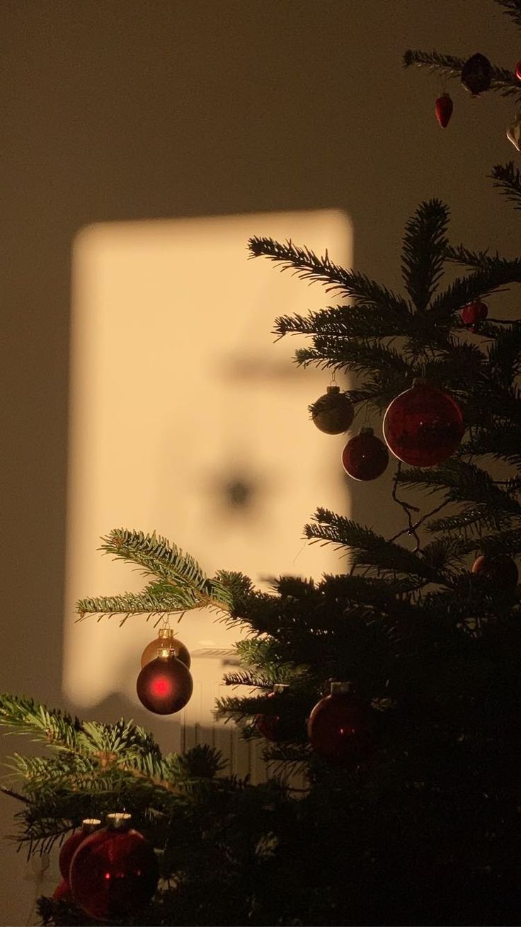 a small christmas tree with ornaments hanging from it's branches in front of a white wall