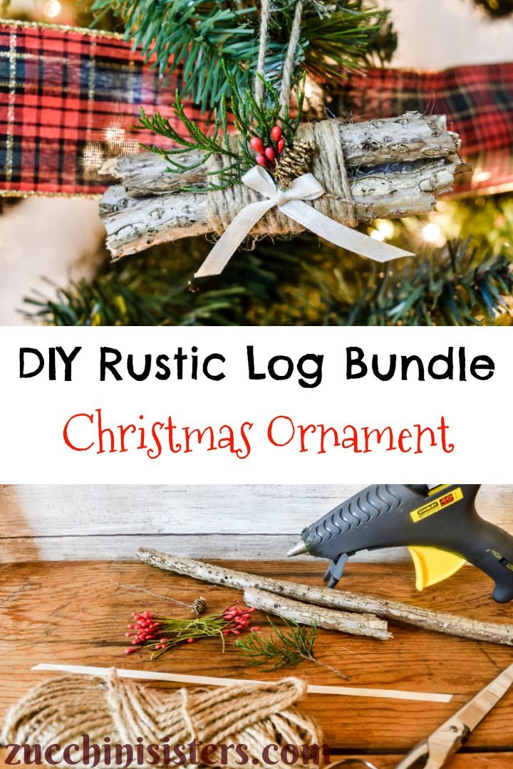 a christmas ornament is hanging from a tree with the words diy rustic log bundle