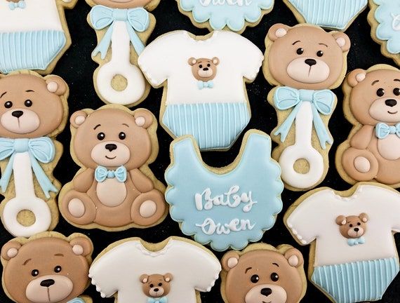 Teddy Bear Baby Shower Cookies, Bear Baby Shower Cookies, Teddy Bear Baby Shower Theme, Baby Shower Oso, Teddy Bear Cookies, Bear Baby Shower Theme, Teddy Bear Theme, Baby Shower Treats, Baby Boy Shower Favors