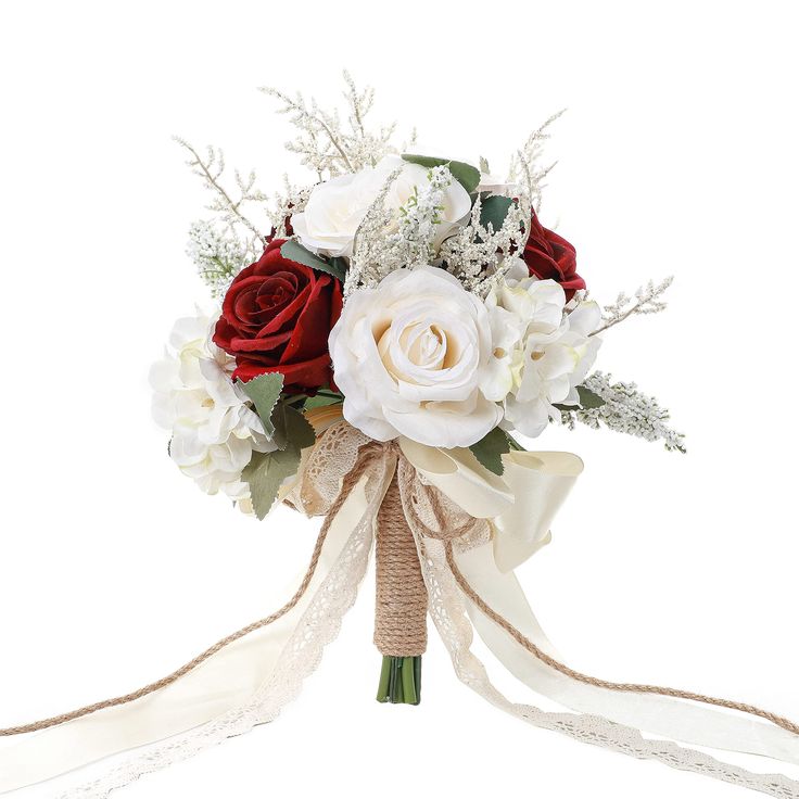 a bridal bouquet with red roses and white flowers on the side, tied in burlap