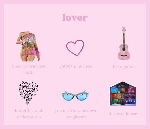 a pink poster with the words lover, guitar, heart, sunglasses and other items