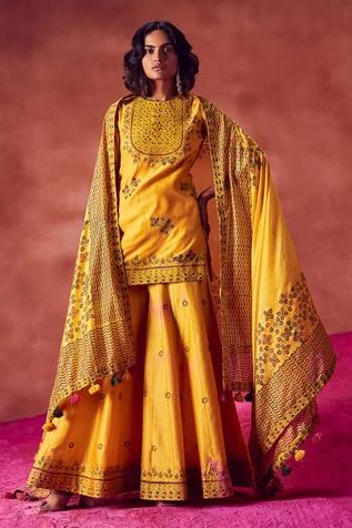 Shop for Punit Balana Yellow Chanderi Silk Hand Block Print Kurta Sharara Set for Women Online at Aza Fashions Silk Sharara, Punit Balana, Ridhima Bhasin, Kurta Sharara Set, Printed Embroidery, Kurta Sharara, Sharara Suits, Sharara Set, Indian Fashion Designers