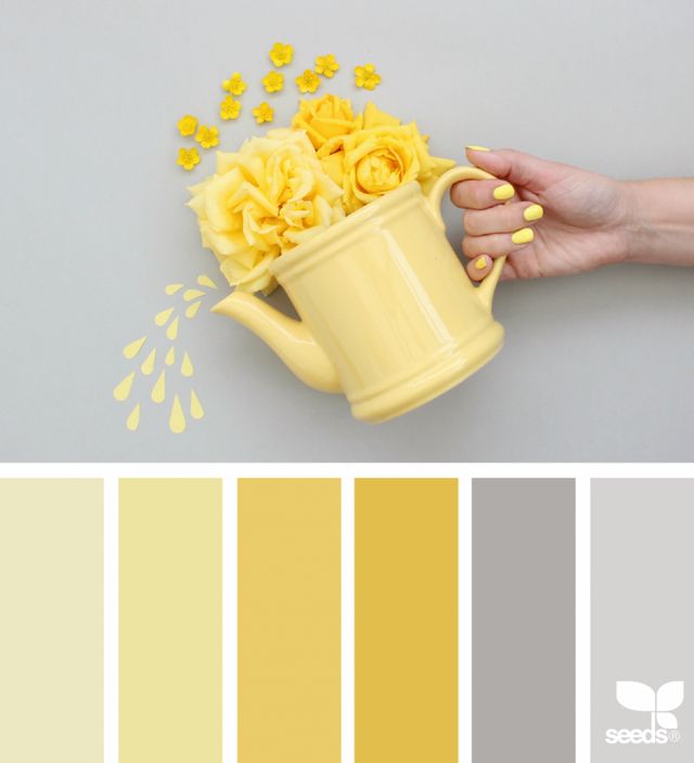 a person holding a yellow coffee cup with flowers in it and the color scheme is gray