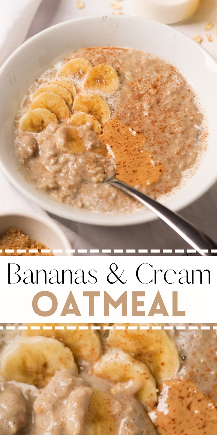 bananas and cream oatmeal in a white bowl