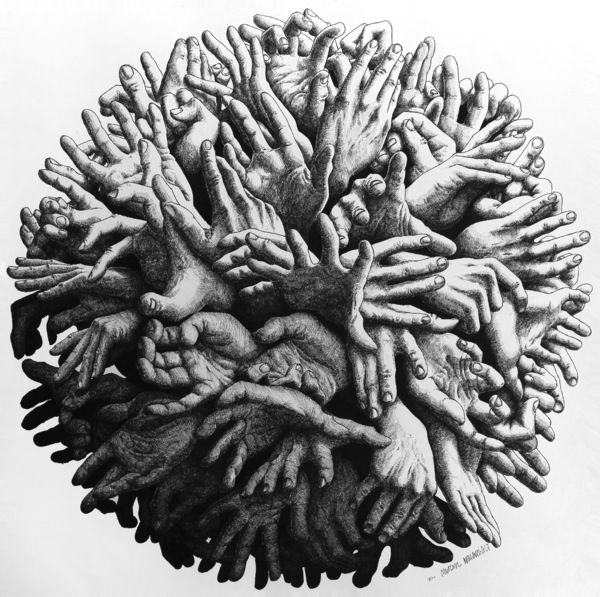 a drawing of many hands reaching for each other