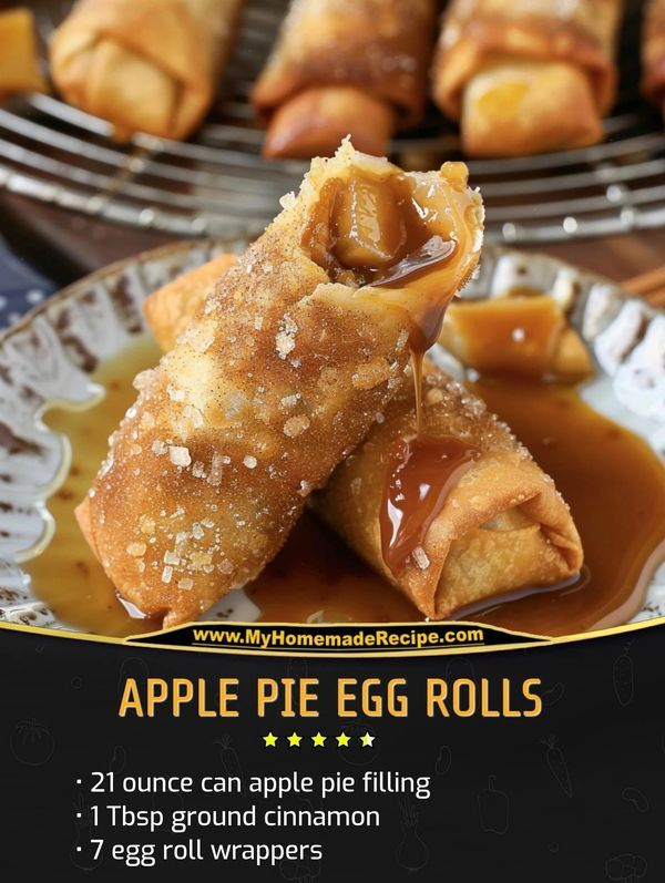 apple pie egg rolls on a plate with caramel sauce