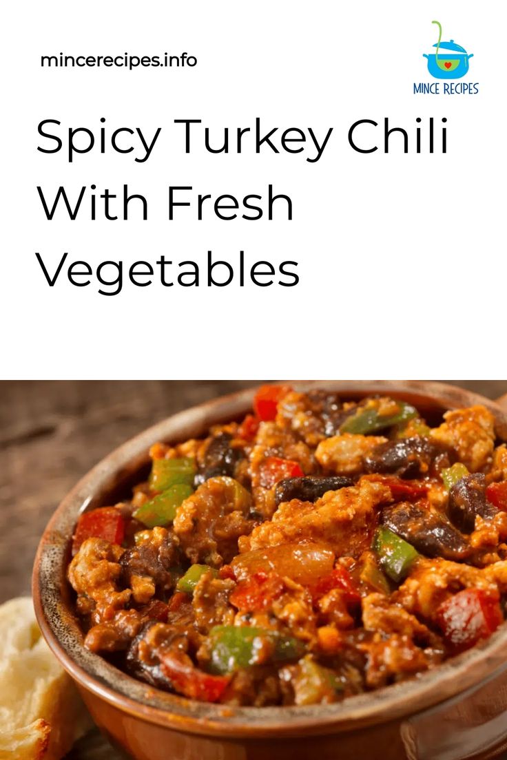 Spicy turkey chili with fresh vegetables in a bowl. Turkey Recipes For Dinner, Easy Ground Turkey Recipes, Ground Turkey Recipes For Dinner, Ground Turkey Dishes, Spicy Turkey Chili, Ground Turkey Chili, Ground Turkey Recipes Easy, Spicy Chili Recipe, Turkey Mince Recipes