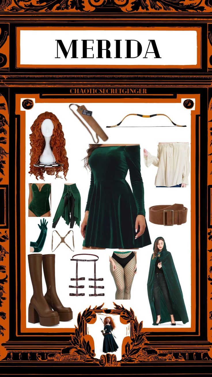 Merida DIY Costume, curly red wig, green dress, bow, quiver, off white undershirt, brown belt, green cape, green bodice, green skirt, green gloves, brown garters, brown backstrap, brown boots Meredith Brave Costume, Diy Merida Costume Women, Modern Merida Outfit, Brave Costume Women, Brave Merida Costume, Merida Aesthetic Outfit, Merida Costume Women, Merida Costume Ideas, Merida Costume Diy