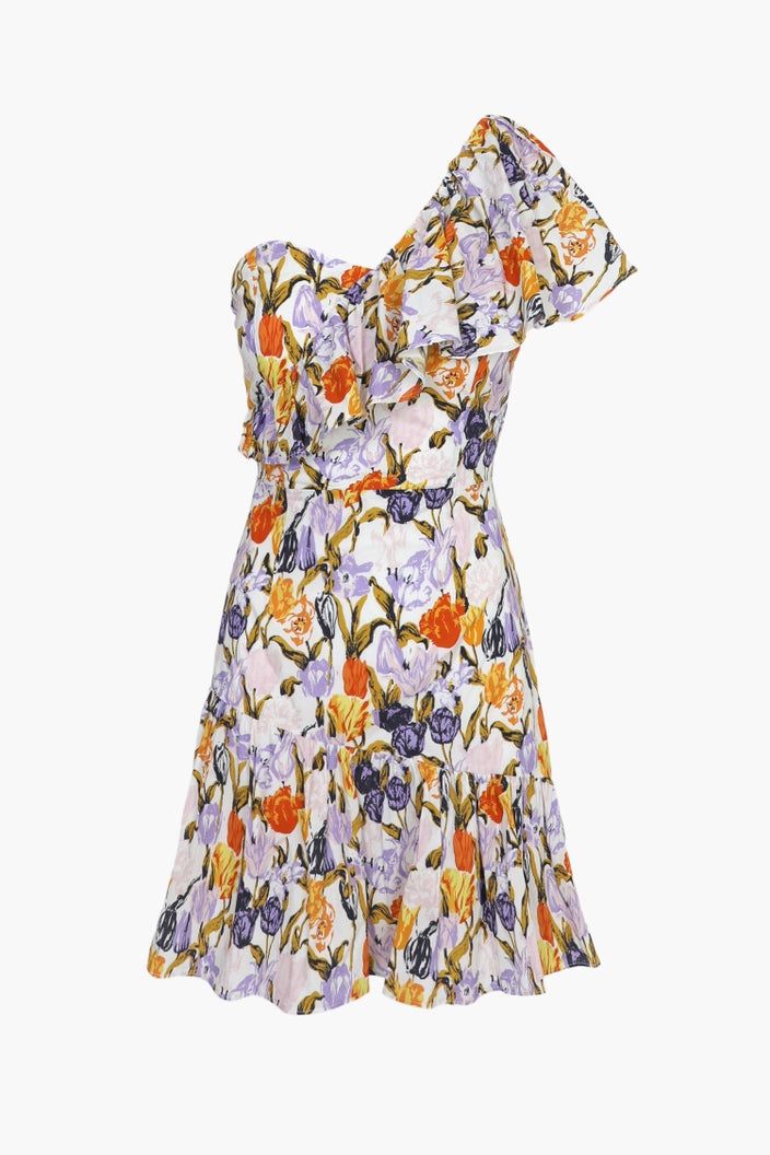 This sassy mini dress flaunts an orange and lavender floral print, with a playful ruffle adding flair to the shoulder and bodice. Spring One-shoulder Lined Dress, Fitted One-shoulder Summer Dress, One-shoulder Fitted Dress For Vacation, Summer One Shoulder Fitted Midi Dress, Lined Knee-length Mini Dress For Garden Party, One-shoulder Fitted Dress With Floral Print, Floral Print Knee-length Cocktail Dress, One-shoulder Mini Dress For Spring, One Shoulder Floral Print Sundress