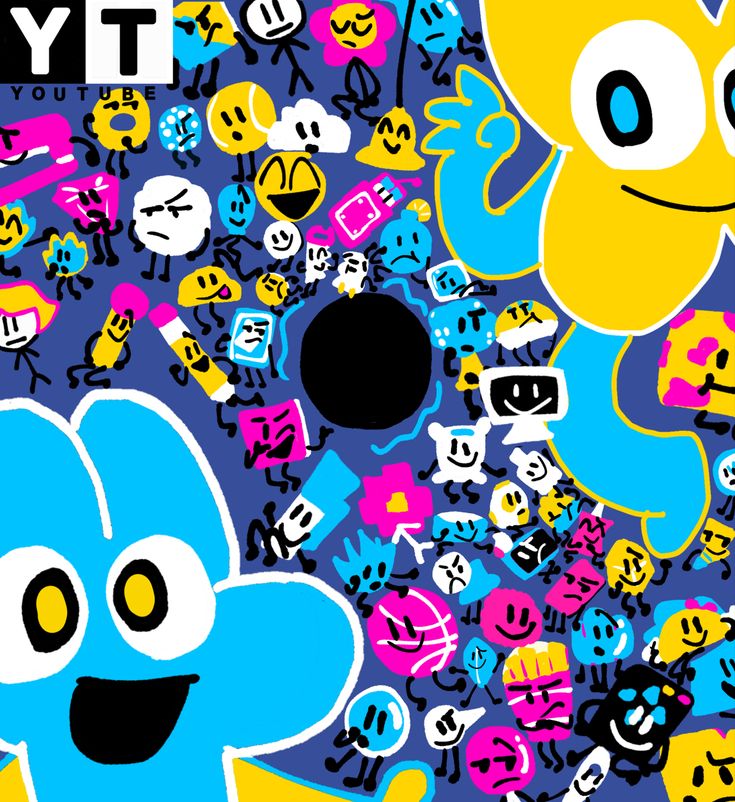 the blue and yellow cartoon character is surrounded by many different colored stickers on it