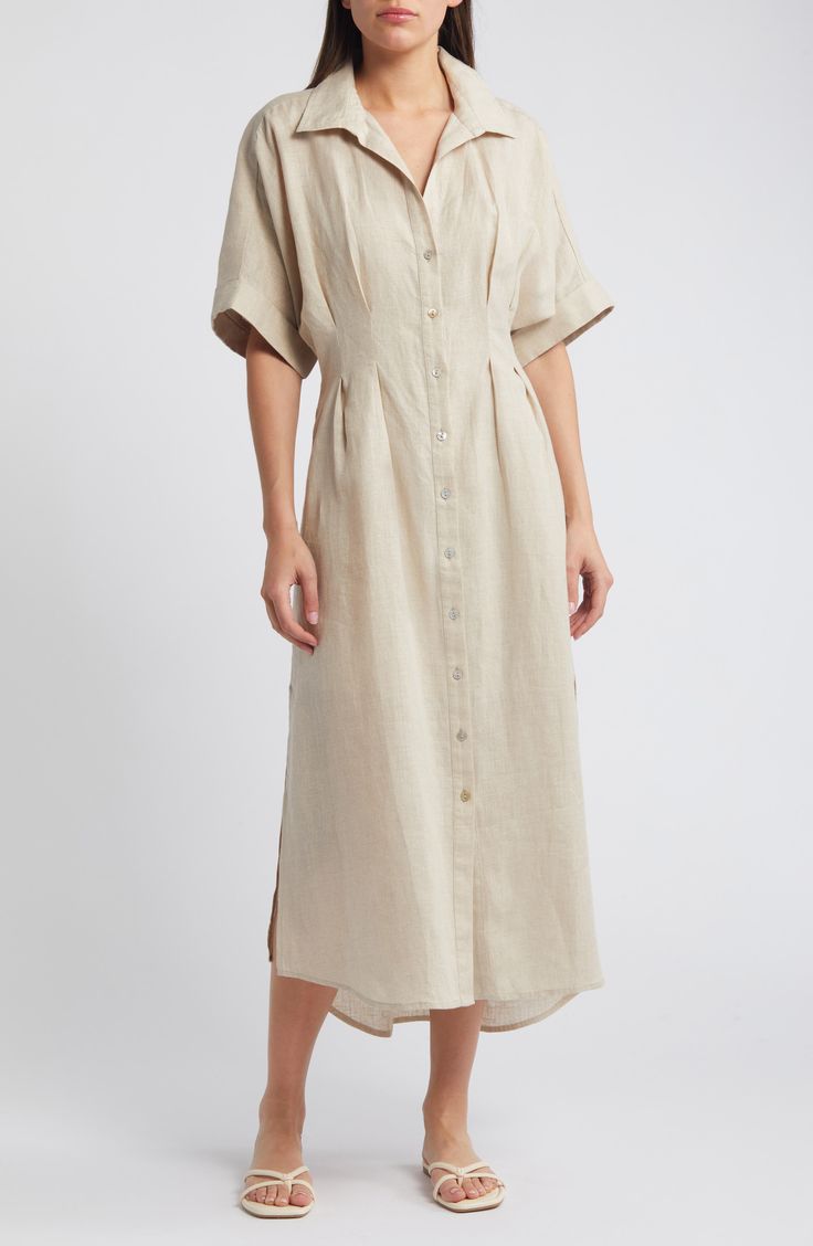 Gleaming mother-of-pearl buttons dot the front of this crisp linen shirtdress accented with stylish pleats on the bodice. 54" length (size medium) Front button closure Spread collar Short sleeves Unlined 100% linen Dry clean Imported Neutral Dresses With Button Closure For Daywear, Neutral Dress With Button Closure For Daywear, Spring Daywear Linen Dress With Button Closure, Collared Beige Linen Shirt Dress, Beige Linen Collared Shirt Dress, Neutral Daywear Dress With Buttons, Beige Collared Linen Shirt Dress, Spring Beige Shirt Dress With Placket, Beige Shirt Dress For Daywear