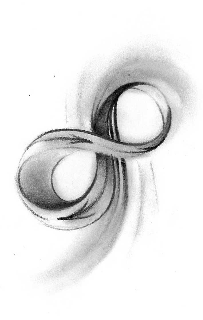 an abstract drawing of two circles in black and white