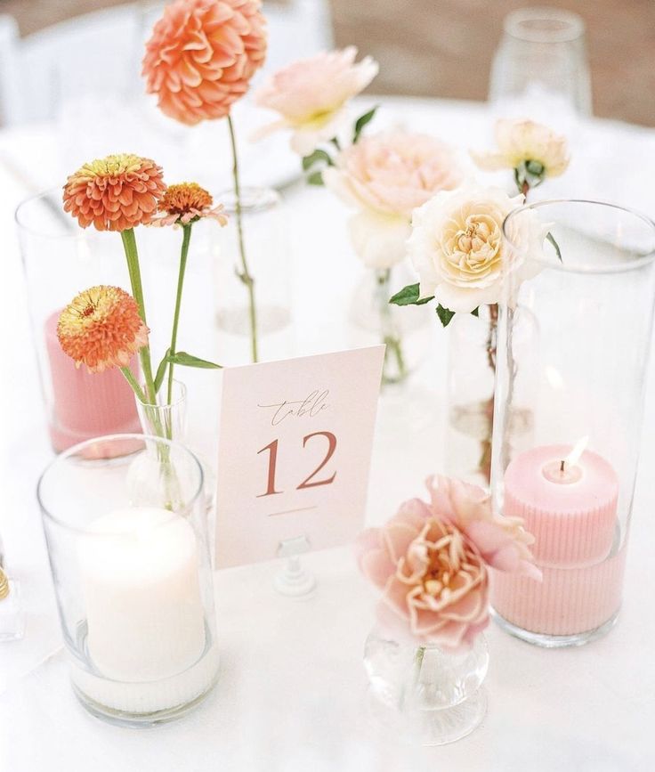 the table is set with flowers and candles