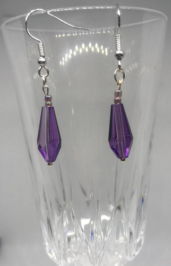 Purple Bead Earrings Purple Crystal Metal Earrings For Party, Purple Metal Earrings, Purple Teardrop Metal Earrings, Purple Adjustable Drop Crystal Earrings, Adjustable Purple Metal Earrings, Purple Metal Beaded Drop Earrings, Purple Metal Crystal Earrings As Gift, Purple Crystal Metal Earrings For Gifts, Purple Metal Crystal Earrings For Gift