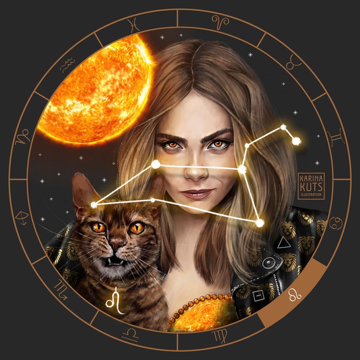 a woman holding a cat in front of a zodiac sign with the sun behind her