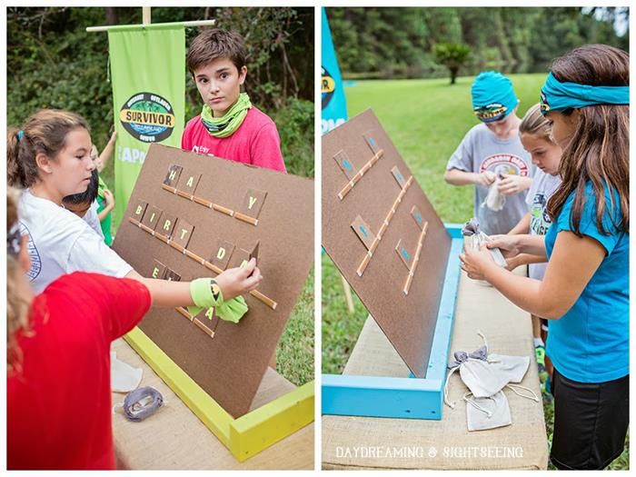 two pictures of children playing with a cardboard board