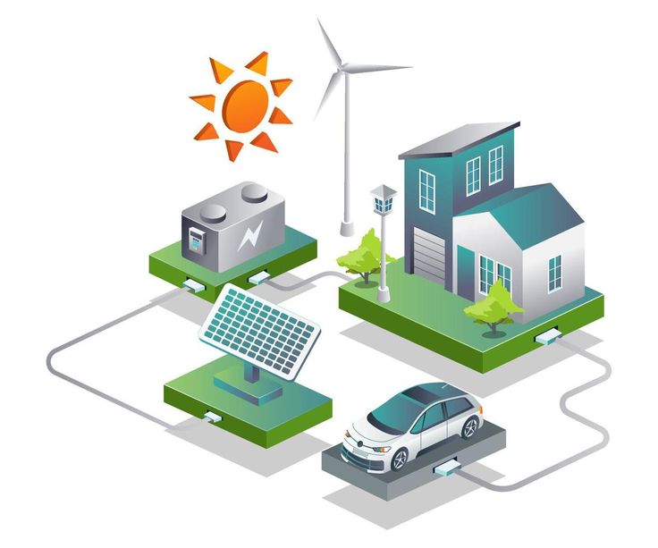 an image of solar energy in the house and car on land with sun above it