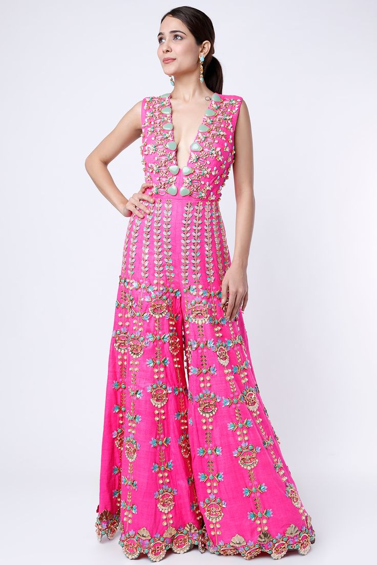 Indian Jumpsuit, Pink Jumpsuits Outfit, Jumpsuit Indian, Hot Pink Jumpsuit, Jumpsuit Outfit Wedding, Hot Pink Jumpsuits, Papa Don't Preach, Jumpsuit Design, Sharara Designs