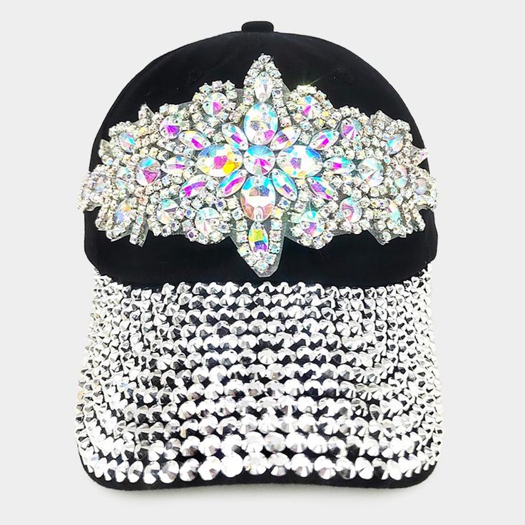 Bling Flower Stone Embellished Cap features gorgeous iridescent rhinestones in a floral motif with a black background • Color : Black• Theme : Flower & Leaf• Crown Circumference : 23" (Adjustable)• Crown Height : 4.25"• Brim Height : 2.75"• Material : 100% Cotton• Bling Flower Stone Embellished Baseball Cap Black Adjustable Embellished Hats, Adjustable Black Hats With Rhinestones, Adjustable Black Hat With Rhinestones, Black Snapback Baseball Cap For Party, Adjustable Rhinestone Baseball Cap For Party, Glamorous Adjustable Hat With Rhinestones, Glamorous Adjustable Rhinestone Hat, Flower Bucket Hat, Bling Hat