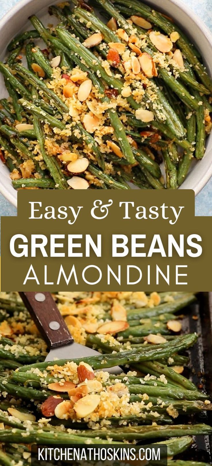 green beans with almonds and parmesan in a white bowl on a blue table