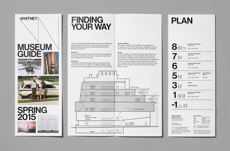 three brochures with different types of architecture and information on them, one for the museum